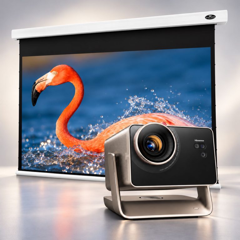 Hisense C3 Ultra 4K Smart Projector + VIVIDSTORM Slimline Cinema White Motorised Drop Down Projector Screen Package Deal